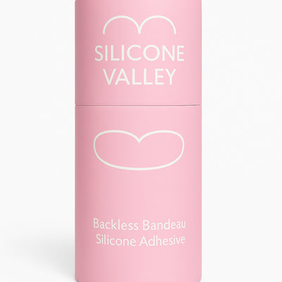 Silicone Valley backless bandeau silicone adhesive bra in pink packaging, strapless support
